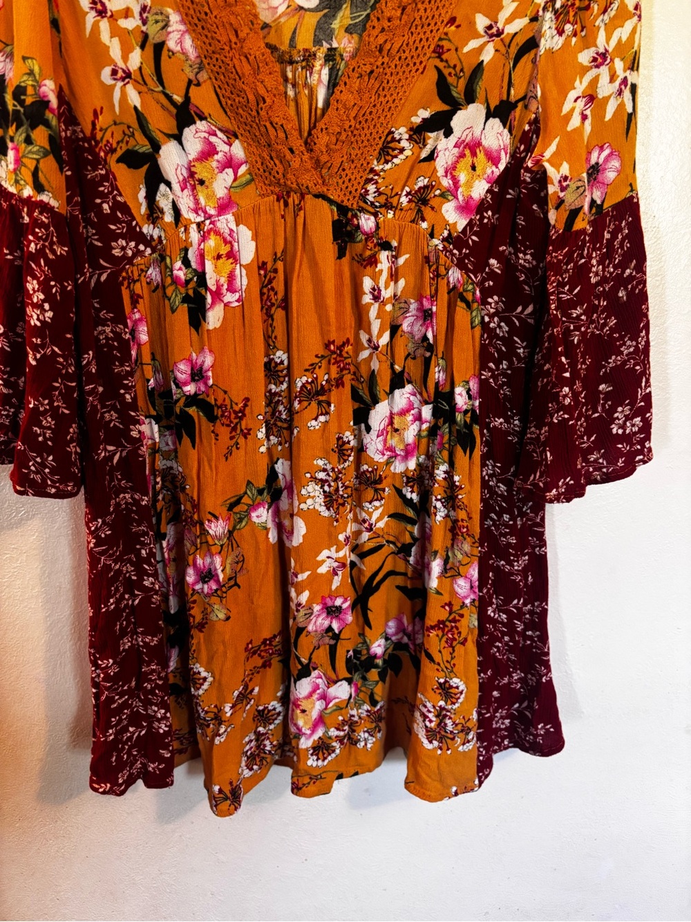 Umgee Mustard and Maroon Floral Crochet V-Neck Tunic - Picture 7 of 10